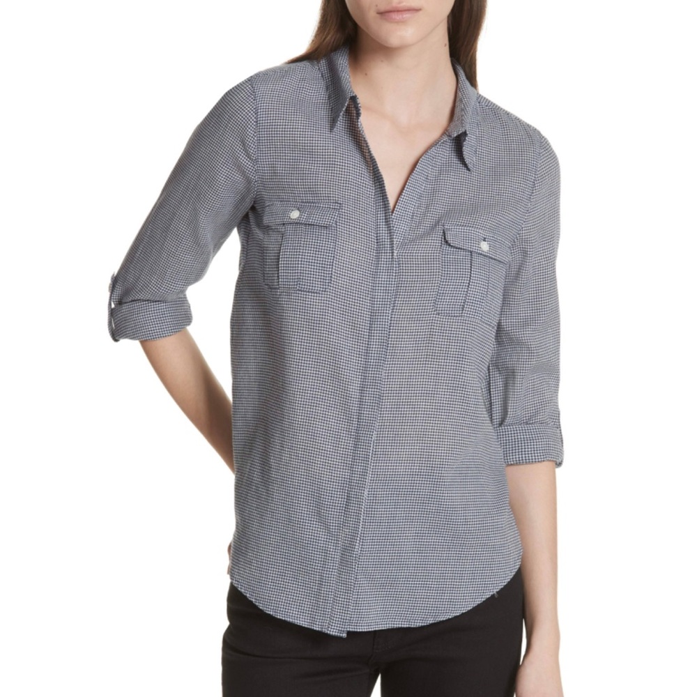 JOIE Navy Blue Micro Gingham Annabelle Button Down Long Sleeve Top